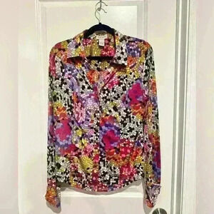 Carmen Marc Valvo Retro Stained Glass Print Floral Silk Blouse. Size L